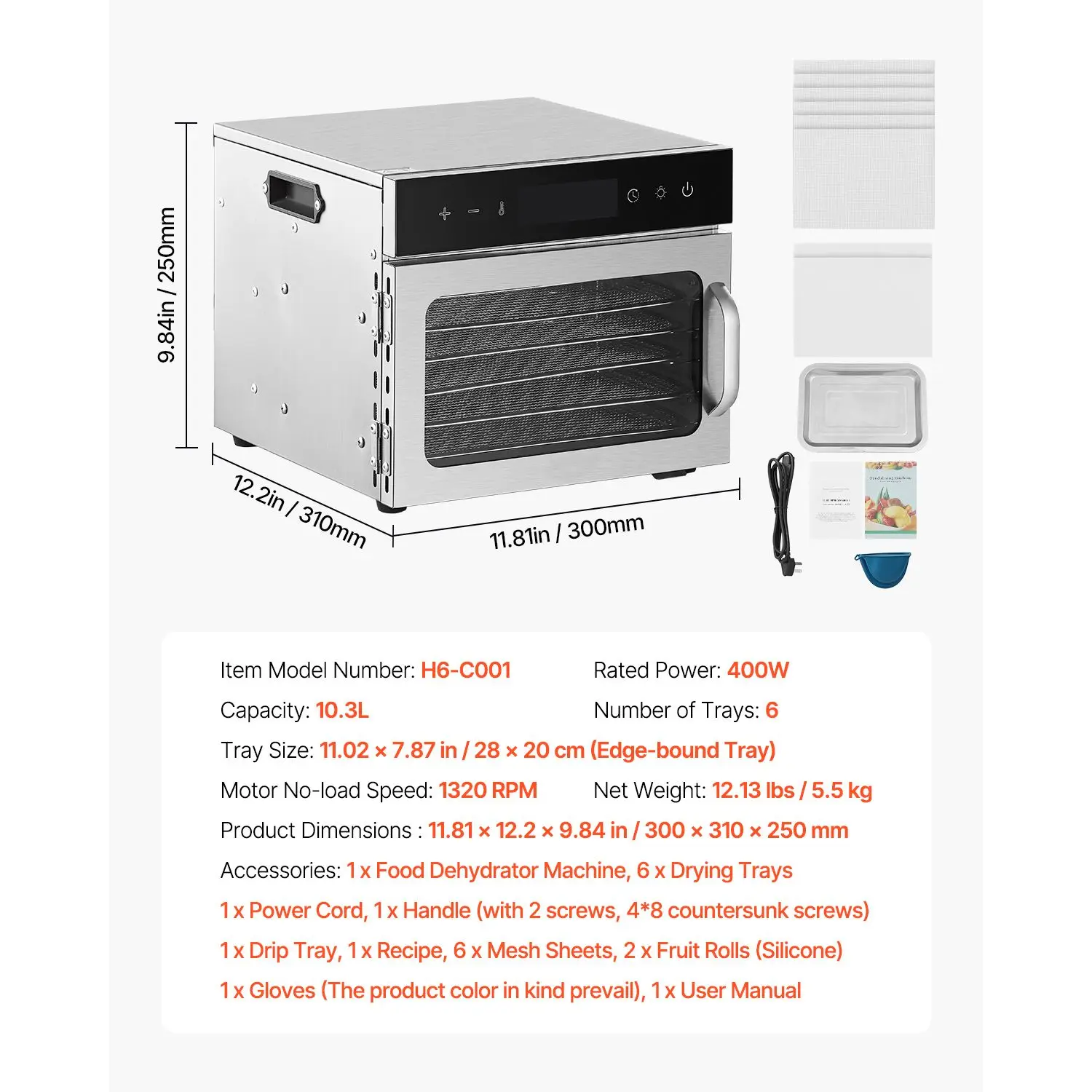 Dehydrator Tray Electric - Suszarka do żywności, 6 nierdzewnych tac,
